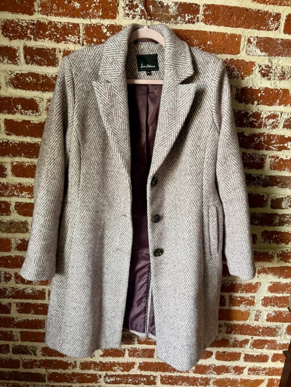 Sam Edelman Notch Collar Lavender & Ivory Herringbone Winter Coat - Picture 4 of 7